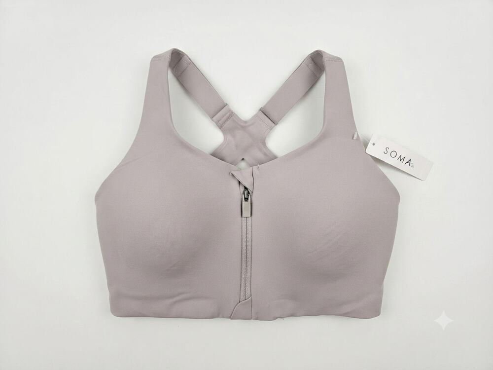 NEW Soma 34DD Sport High Impact Bra Silver Taupe Front Zip Gym Run Active